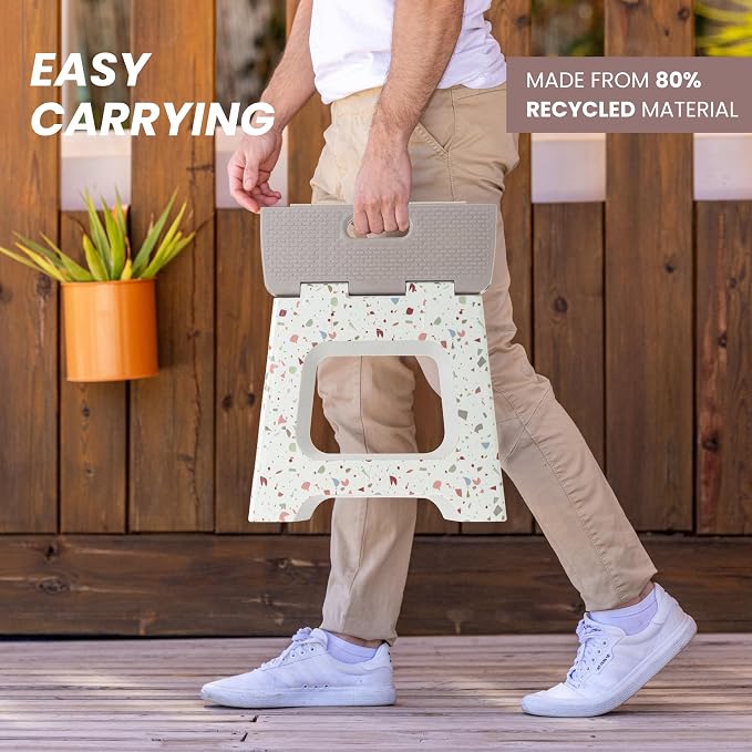 Vigar Compact Folding Step Stool - 10-1/2 Inch Foldable Step Stool for Adults, Lightweight Portable Stool with Handle, Non Slip Step Stool, Space Saving Stool up to 330 lb - Terrazzo Body