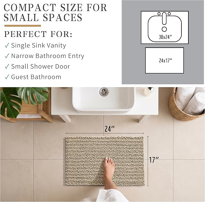 Yimobra Bathroom Rugs Non Slip Washable 24x17 Inch - Ultra Soft Absorbent Chenille Bath Mat, Quick Dry Shaggy Floor Carpet for Tub Shower, Camel Home Decor Accessories
