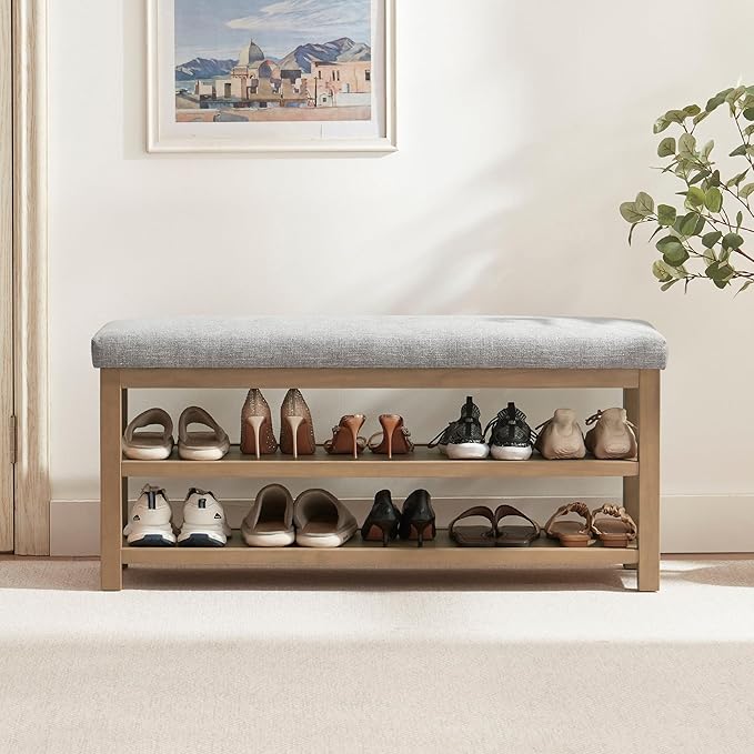 Zihanhome Shoe Rack Bench with Cushion, 2 Tier Solid Wood Storage Bench, Mid-Century Modern Shoe Bench for Entryway, Hallway, Closet, Front Door Entrance, Foyer (Grey, 46.5")