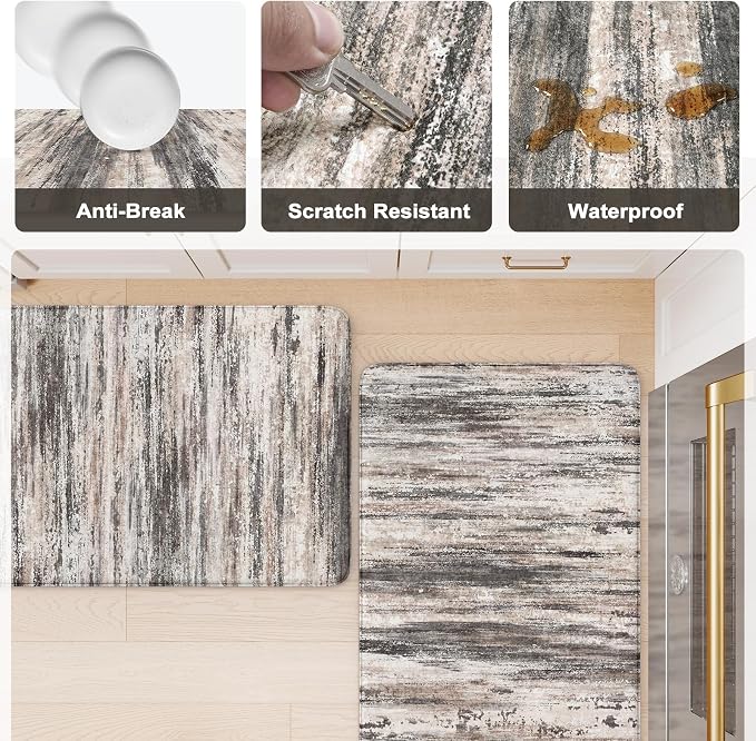 KIMODE Anti Fatigue Kitchen Mats for Floor 2 Piece, 17"x47"+17"x29" Farmhouse Plaid Kitchen Rugs Non Slip, Waterproof Kitchen Floor Mats for Kitchen Floor Sink Laundry Desk Decor Black Grey