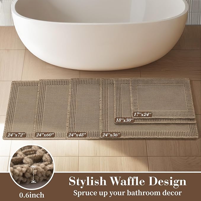 RESARE Waffle Bathroom Runner Rugs, Super Absorbent Bath Mat Non Slip Washable Quick Dry, Upgraded Ultra Soft Boho Bath Rugs with Tassels, Farmhouse Home Decor Accessories, 2'x4'(24"x48") Brown