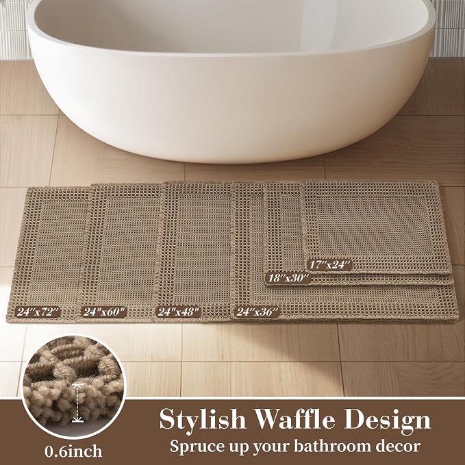 RESARE Waffle Bathroom Runner Rugs, Super Absorbent Bath Mat Non Slip Washable Quick Dry, Upgraded Ultra Soft Boho Bath Rugs with Tassels, Farmhouse Home Decor Accessories, 2'x5'(24"x60") Brown