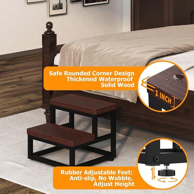 Step Stools for Adults Kids, Heavy Duty Stepping Stool Wooden Bed Step Stools for High Beds, Non-Slip 2 Bedside Foot Stool with 500 Lb Capacity for Bedroom Kitchen Bathroom Outside,Easy Assembly,Teak