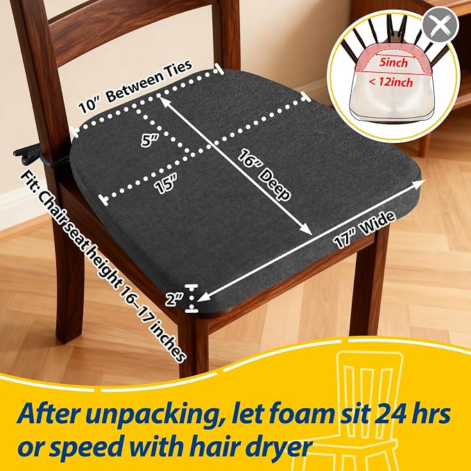 AAAAAcessories D-Shaped Chair Cushions, 2" Thick Dining Chair Pads with Ties and Removable, Machine-Washable Cover, 17" x 16", Set of 4, Dark Grey