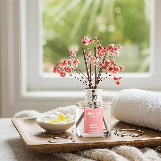 Airkeep Reed Diffuser Set,1.69 fl oz (50 ml) - Cherry Blossom Oil Diffusers with 8 Reed Sticks,Home Fragrance Reed Diffuser for Bathroom Shelf Decor