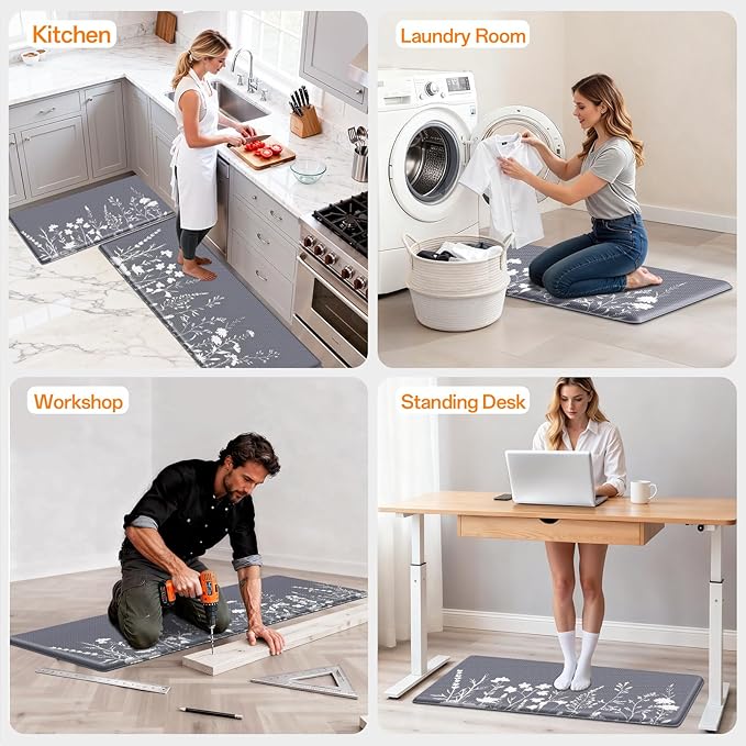Kitchen Mats for Floor, Kitchen Rugs Sets of 2, Cushioned Anti Fatigue Mats for Kitchen Floor, Non-Slip Kitchen Decor, Water Resistant Kitchen Rug for Home, Kitchen, 17.3"x30"+17.3"x70"