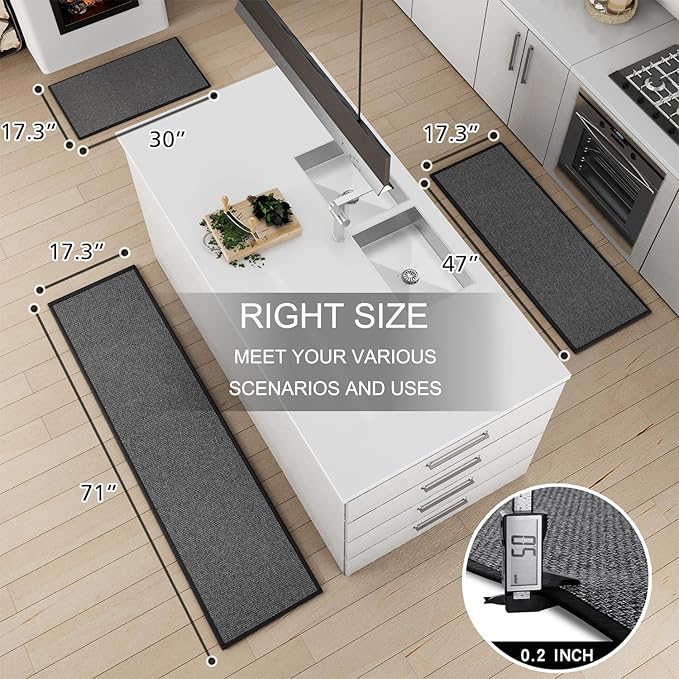 SUMLANS Kitchen Mat Set of 2 PCS, Cushioned Non Slip Rugs for Kitchen Floor, Absorbent Runner Comfort Standing Mats Washable for Kitchen, Office, Home, (Black, 17.3"x47"+17.3"x71")