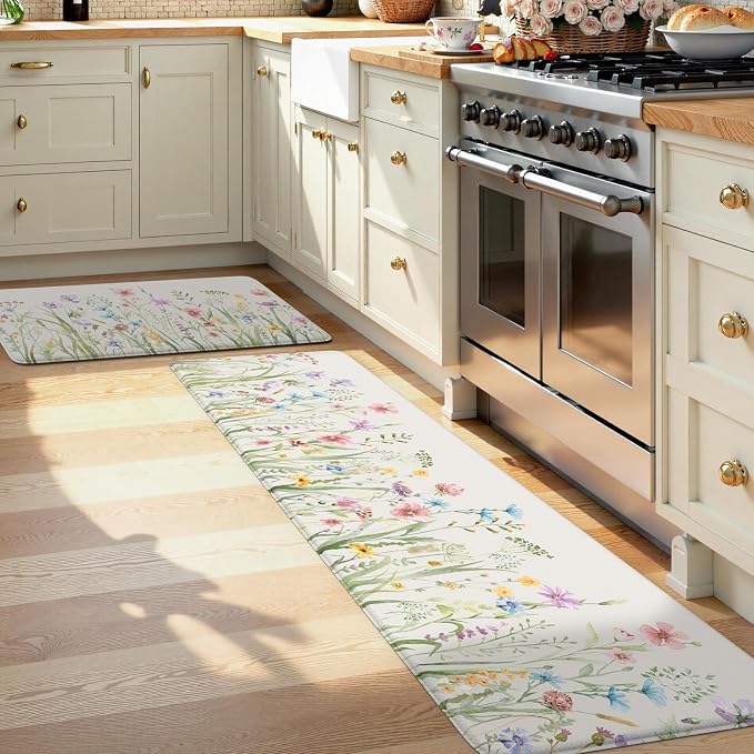 KIMODE Kitchen Mats Cushioned Anti Fatigue, Summer Farmhouse Flower Kitchen Rugs Sets of 2, Padded Kitchen Floor Mats, Non Slip Standing Mats for Sink Laundry Office Desk White 20"x59"+20"x32"