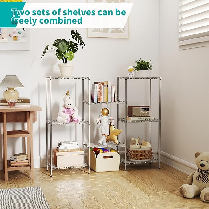 BestOffice | 4-Tier Wire Storage Shelves | 12"D x 18"W x 44"H | Chrome | with Adjustable Racks PP Liners | Compact Metal Shelf, Holds Upto 600 lbs | Ideal for Kitchens Closets Bathrooms Small Corners