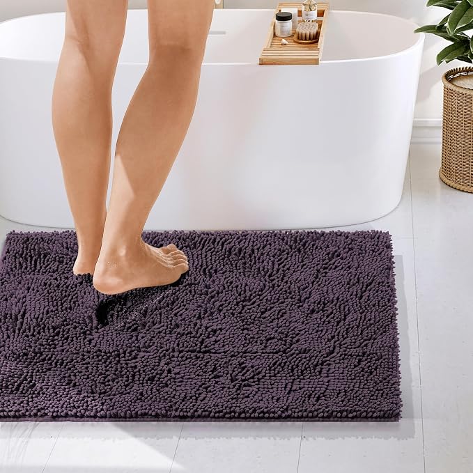 Hearth & Harbor Bathroom Rugs, Chenille Bath Mat - Machine Washable Bath Mats for Bathroom Non-Slip Backing Rubber, Quick Dry Bathroom Mat - Purple 24x36