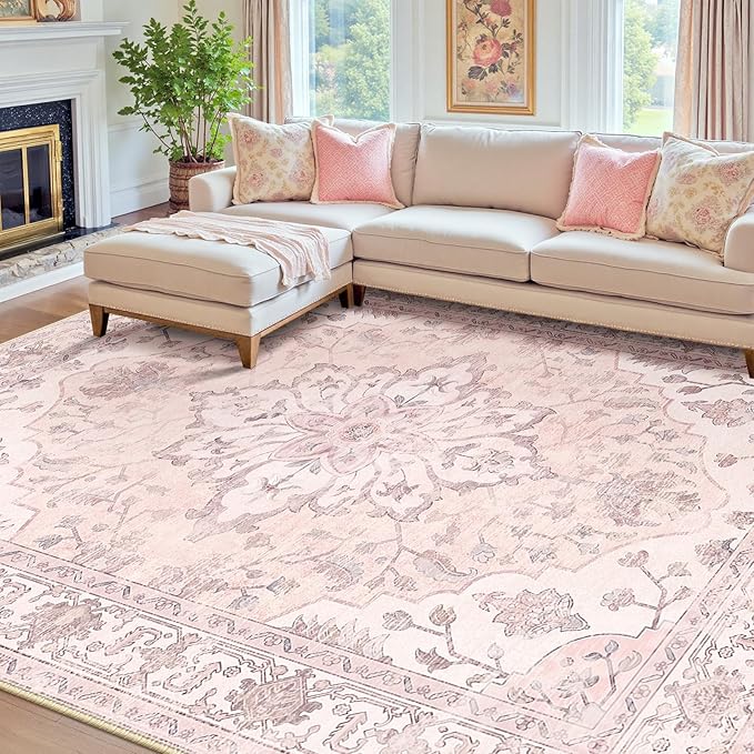 RELEANY Area Rugs 7'x9' Washable Non-Slip, Floral Vintage Distress Medallion Carpet for Living Room Bedroom Dining Room, Pink Greypink Cute