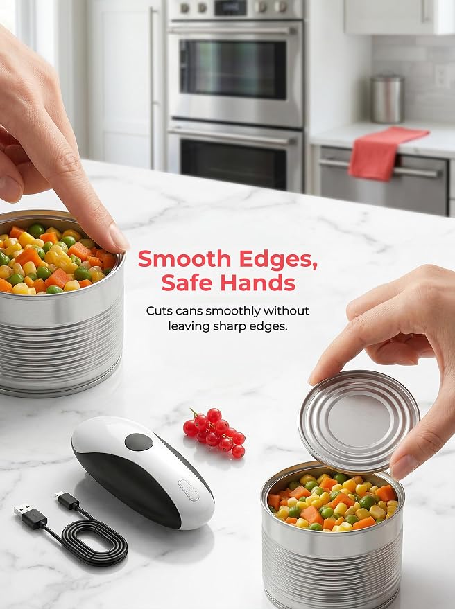 Rechargeable Electric Can Opener, Automatic One-Touch Hands-Free Opener for Seniors with Arthritis, Smooth Safe Edge, Fits Most Can Sizes
