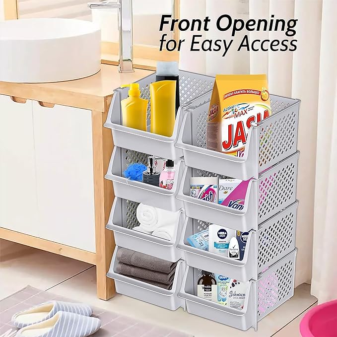 TidyFriend 4 Pack Stackable Storage Bins Open Front for Pantry Organizers and Storage, Pantry Storage for Food, Kitchen and Home Organization, Plastic Storage Bins, Dorm Room Essentials (Light Grey)