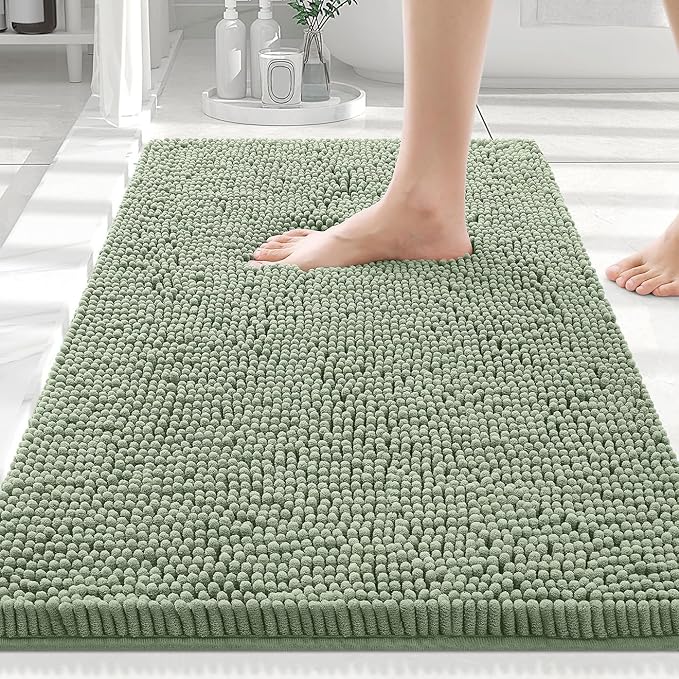 Smiry Luxury Chenille Bathroom Rugs 30x20, Extra Soft and Absorbent Shaggy Bath Mat, Machine Washable, Non-Slip Plush Carpet Runner for Tub, Shower, and Floor, Home Decor Accessories, Sage Green