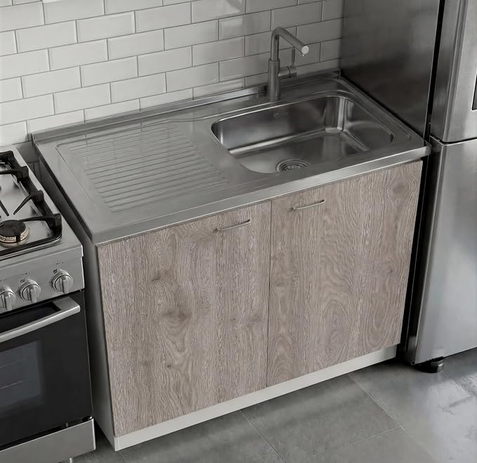 Tuhome Napoles Utility Sink Base Cabinet with Integrated Stainless Steel Countertop, Freestanding Cabinet with Double Doors, Interior Shelf for Laundry Room, Utility Room, Mudroom or Kitchen