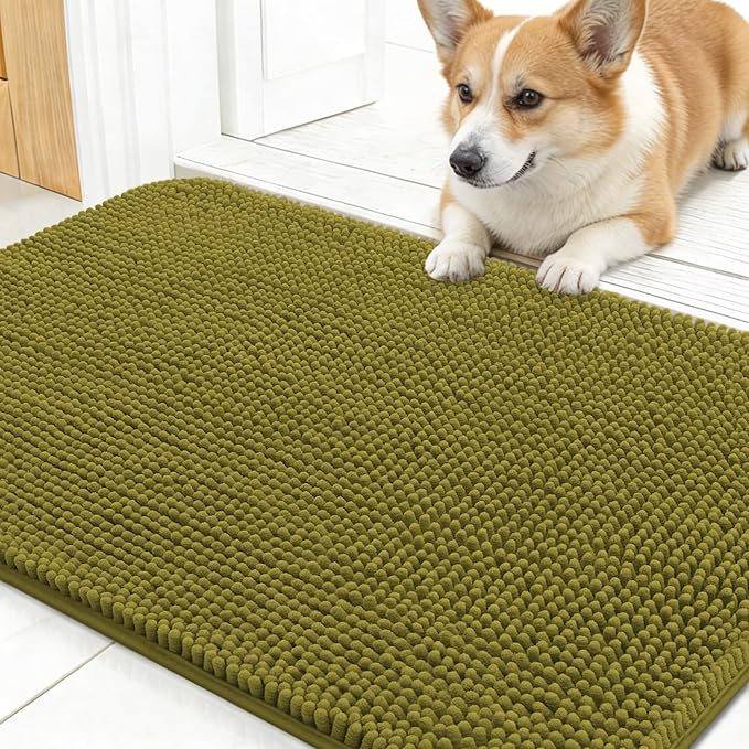 OLANLY Dog Door Mat for Muddy Paws 30x17, Absorbs Moisture and Dirt, Absorbent Non-Slip Washable Doormat, Quick Dry Chenille Mud Mat, Entry Indoor Entryway Carpet for Inside Floor, Willow Green
