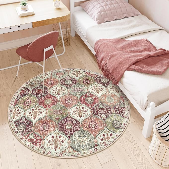 Lahome Moroccan Trellis Round Area Rugs, Washable Small Round Rug 3ft Non-Slip, Soft Vintage Ultra-Thin Circle Carpet for Bedroom Entryway Laundry Bathroom Elise, Orange/Terracotta