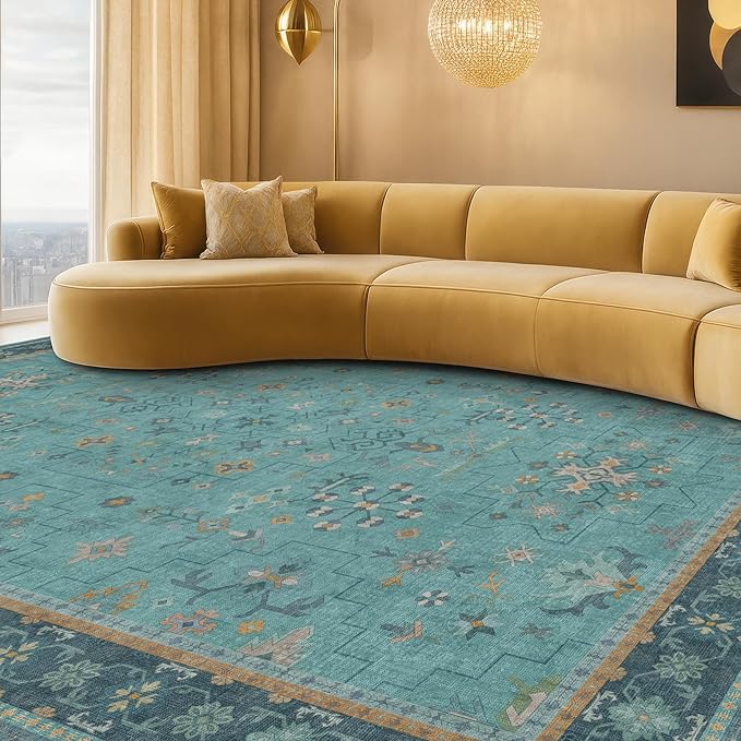Large Boho 8x12 Teal Green Washable Living Room Rug - Vibrant Turquoise Rug for Bedroom Under Bed, Dining Room Under Table, Geometric Floral Low Pile & Soft Stain Resistant Carpet