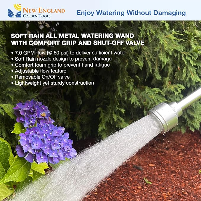 30 Inch Soft Rain Watering Wand 600003, Gentle Shower Spray, Heavy Duty Lightweight Metal Build, Comfort Grip, Flow Control Shut Off Valve, for Plants, Yards, Cars & Pets, by New England Garden Tools