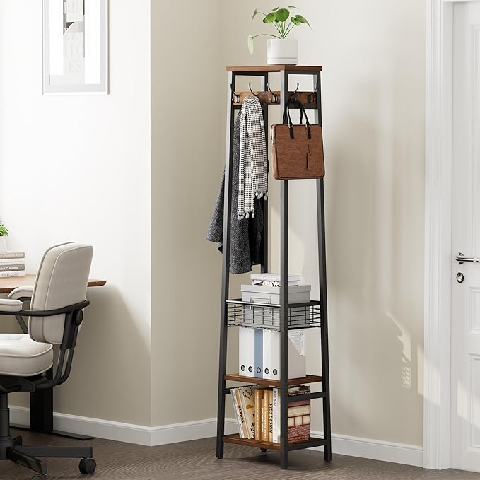 Coat Rack Freestanding, Coat Stand with Metal Basket and Storage Shelves, Hall Tree Free Standing with and 7 Hooks, Clothes Rack Stand Organizer, Rustic Brown and Black