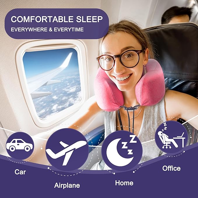 napfun Neck Pillow for Traveling, Upgraded Travel Neck Pillow for Airplane 100% Pure Memory Foam Travel Pillow for Flight Headrest Sleep, Portable Plane Accessories, Rose