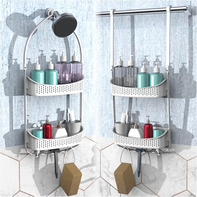 Shower Caddy Hanging; Anti-Swing shower basket over Showerhead with Suction Cups; Never rust Bathroom Organizer, Multiple Hanging Modes Shelf with hooks,White