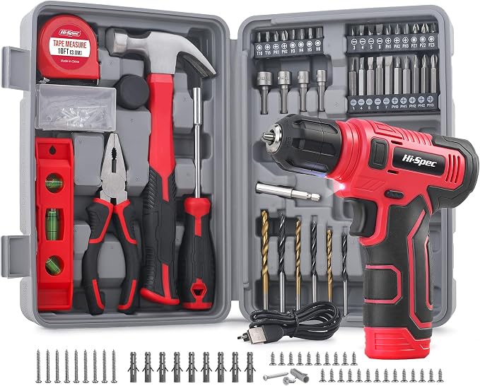 Hi-Spec 8V Cordless Drill Set & Starter Tool Kit – Rechargeable USB Electric Power Drill Driver, Compact Home Tool Set with Accessories, Red, Perfect for DIY Enthusiasts