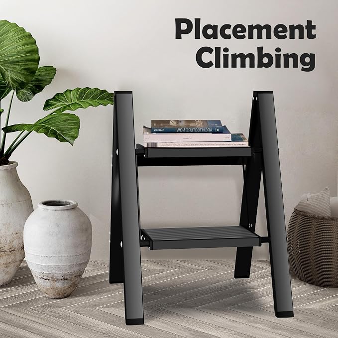 Taranta 2 Step Ladder,Aluminum Lightweight Folding 2 Step Stool with Anti-Slip Wide Pedal, 330lbs Capacity Step Ladder for Household,Kitchen,Office - Black