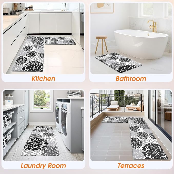 StepLively Kitchen Mats for Floor 2PCS, 0.47" Anti Fatigue Mats for Kitchen Floor, Kitchen Accessories for Sink, Office, Laundry, 17.3"×30"+17.3"×47", White and Black