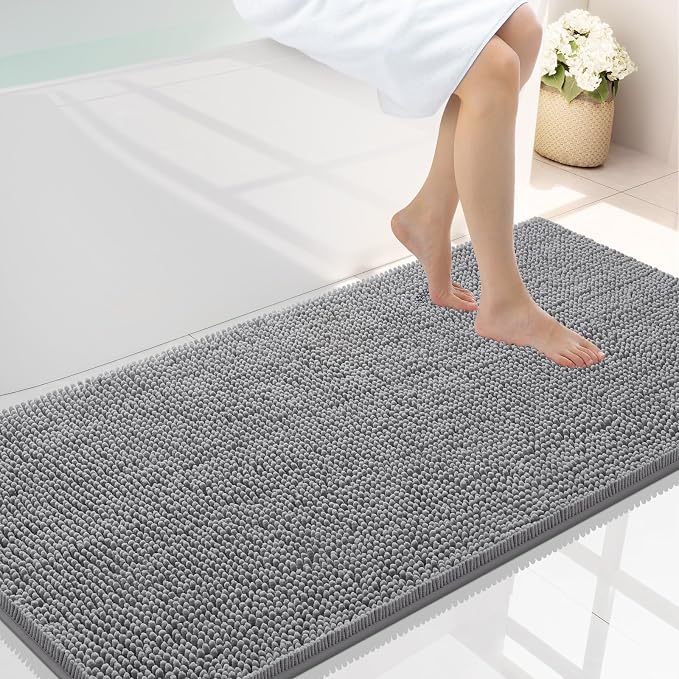 Smiry Luxury Chenille Bathroom Rugs 40x24, Extra Soft and Absorbent Shaggy Bath Mat, Machine Washable, Non-Slip Plush Carpet Runner for Tub, Shower, and Floor, Home Decor Accessories, Grey