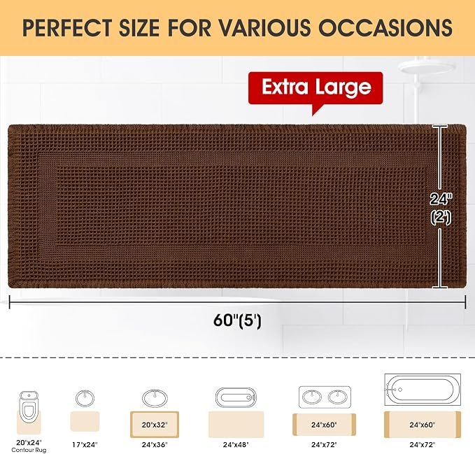 Extra Large Waffle Bath Mat, Boho Woven Modern Bath Rug Absorbent Non Slip, Ultra Soft Bathroom Mats, Machine Washable Knit Bath Rugs with Tassels for Bathroom, Bedroom, Kitchen, Tub, 5'x2', Brown
