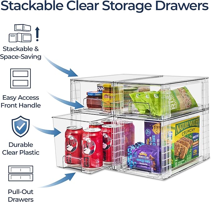 Sorbus Stackable Clear Storage Drawers, 4 Pack (2 Medium + 2 Small) Pull-Out Organizer Bins – Plastic Drawer Organizers for Bathroom, Vanity, Makeup, Under Sink & Countertop Organization