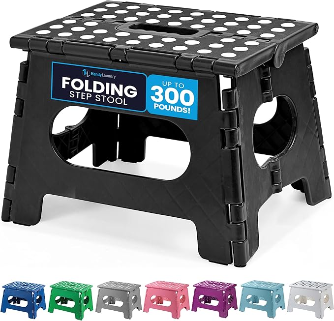 Handy Laundry Folding Step Stool - Sturdy Enough Collapsible Stool to Support Adults - Opens Easy with One Flip - Great for Kitchen, Bathroom or Bedroom (Black - 9 Inch)