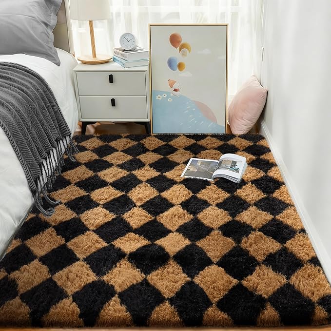 Ophanie Black & Beige Diamond Checkered Rugs for Living Room Bedroom, Rhombus Fluffy Soft Cute Fuzzy Area Rug, Plush Shaggy Bedside Floor 4x6 Furry Carpet for Kids Baby Teen Dorm Home Decor Aesthetic
