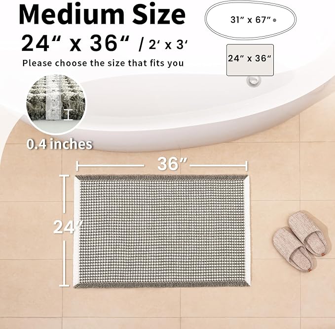Waffle Bath Mat - Boho Bathroom Rugs Non Slip Washable, Super Absorbent & Quick Dry, Soft Bath Mat Farmhouse Bathroom Decor, 24'' x 36'', Olive Green and White
