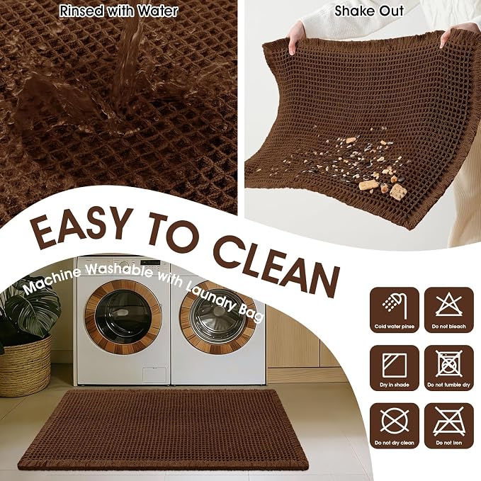 IM HOME Waffle Bath Mat Set 3 Piece, Boho Woven Modern Bath Rug Absorbent Non Slip, Soft Bathroom Mats, Machine Washable Knit Bath Rugs with Tassels for Bathroom, Bedroom, Kitchen, Shower, Tub, Brown