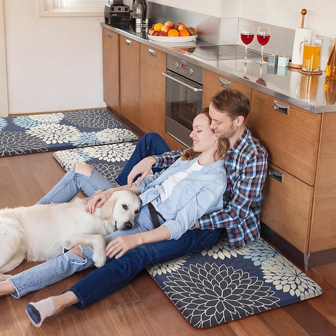 Anti Fatigue Kitchen Mats 2PCS,Boho Dahlia Kitchen Rugs Non Slip Rubber Backing,Farmhouse Waterproof Kitchen Mat for Floor,Cushioned Standing Mat for Kitchen,Sink,Desk,Mutil-Blue