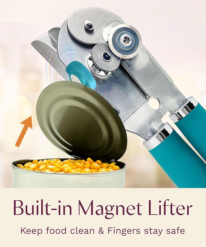 Premium Multifunctional Magnetic Manual Can Opener and Bottle Opener, Heavy Duty Stainless Steel Sharp Cutting Blade and Oversized Easy Turn Knob, Soft-Touch Handle, Kitchen Use, Teal