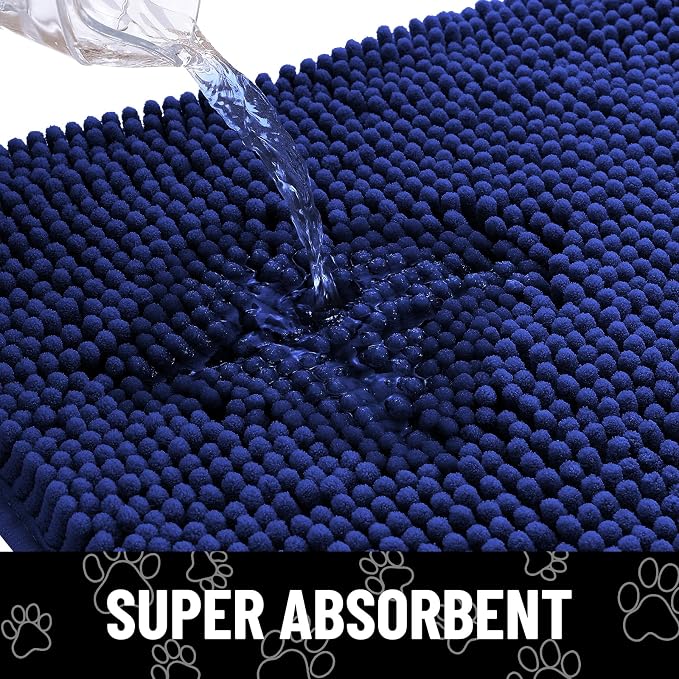 Smiry Dog Door Mat for Muddy Paws, Absorbent Dirt Trapper Non Slip Quick Dry Washable Chenille Mat for Mud Dogs, Entry Rug for Indoor and Outdoor (70x24 Inches, Navy Blue and White)