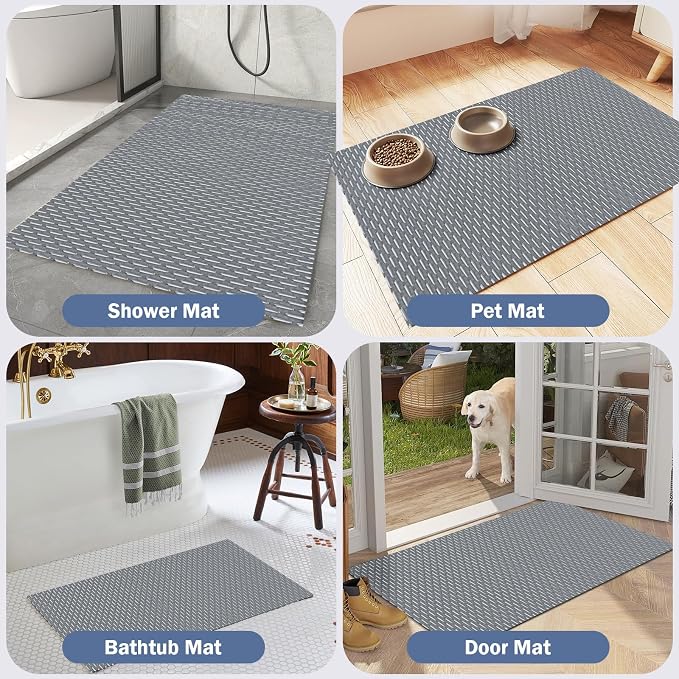 Bathroom Non Slip Shower Mat, Gray 24x16 Inch Bathtub Mat, Non Slip Bathroom Mat for Elderly and Kids, Easy to Dry, Fast-Dry Drainage Hole, Easy to Prune