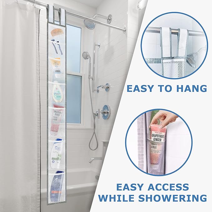 Skywin 7 Pockets Hanging Shower Curtain Liner Caddy 60 x 6 Inches (2 Pack) - 100% Polyester Mesh Shower Caddy Hanging - Shower Organizer for Shower Rod or Door with Adjustable Velcro Strap