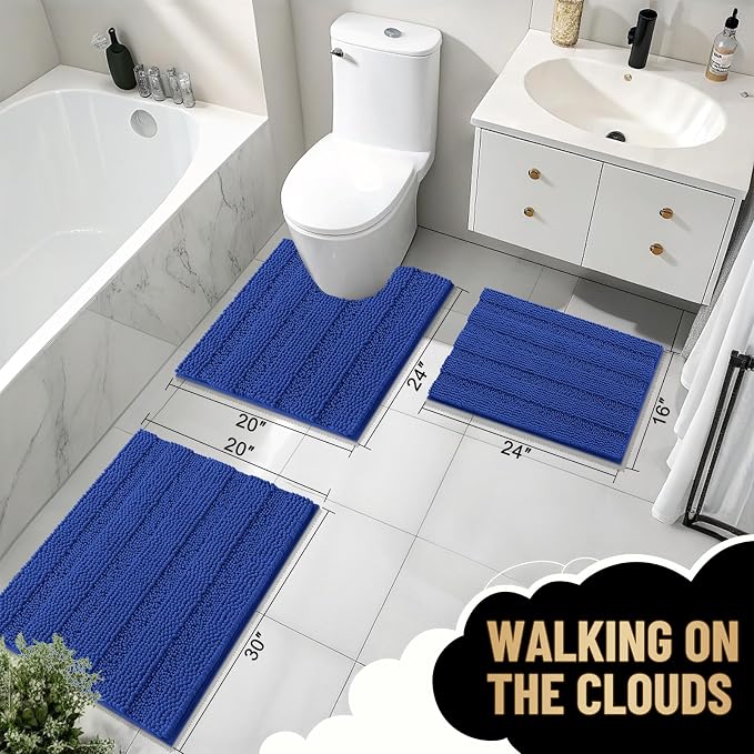 OLANLY Thick Bathroom Rugs 30x20, Extra Soft Absorbent Chenille Striped Bath Rugs, Rubber Backing, Machine Wash Dry, Bath Mats for Bathroom Floor, Tub and Shower, Home Decor Accessories, Royal Blue