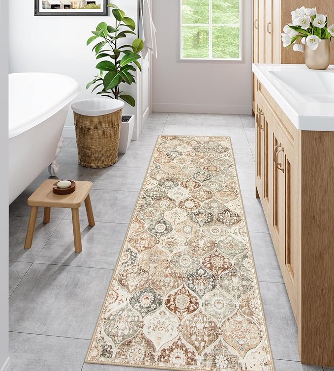 Lahome Moroccan Hallway Rug, 2'5''x8' Kitchen Runner Rugs Non Skid Washable Runners for Hallways, Ultra-Thin Oriental Carpet for Entryway Laundry Room Bedroom Bathroom Elise, Khaki