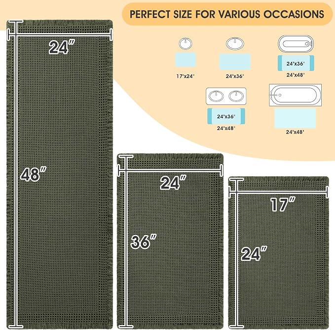 Waffle Bath Mat Set 3 Piece, Boho Woven Modern Bath Rug Absorbent Non Slip, Soft Bathroom Mats, Machine Washable Knit Bath Rugs with Border for Bathroom, Bedroom, Kitchen, Shower, Tub, Dark Green