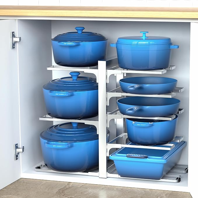 ORDORA Pots and Pans Organizer Rack for Cabinet, 15.83" Height 8-Tier Heavy Duty 120LBS Pot Pan Organizer under Cabinet Adjustable for Cast-iron Pan, Heavy Skillets Griddles, Shallow Pot, Silver