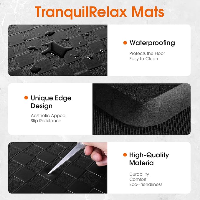 TranquilRelax 4/5 Inch Thick Anti-Fatigue Kitchen Mats 2Pcs, Cushioned Non-Slip Waterproof Sink & Stove Floor Mats, Comfortable Standing Rug Set for Kitchen, Laundry & Entryway, Black