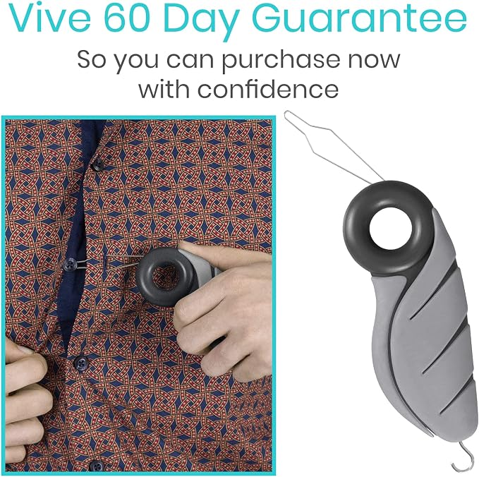 Vive Button Hook with Finger Hole - Zipper Gripper Pull Helper - Dressing Aid Assist - Buttoning Tool Device for Arthritis, Limited Mobility, Independent Living - Dexterity Handle Grip for Clothes