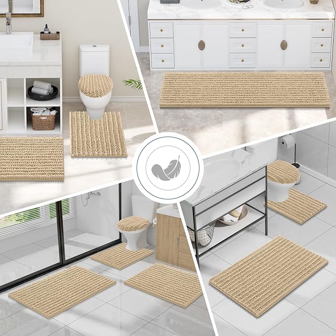 Smiry Bathroom Toilet Rugs U Shaped 24x20, Extra Soft Absorbent Non Slip Rubber Backing Chenille Contour Bath Rugs for Toilet, Machine Washable Contoured Bath Mats, Beige