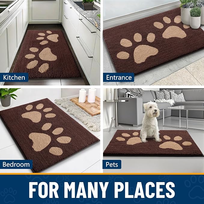 Smiry Dog Door Mat for Muddy Paws, Absorbs Moisture and Dirt, Low-Profile Entryway Mat with Non-Slip Backing, Entry Indoor Outdoor Doormat for Inside Floor (59x35 Inches, Brown, Paw