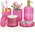 Hot-Pink Glass Bathroom Accessories Set 5 Pcs, Hot-Pink Bathroom Set, Soap Dispenser and Toothbrush Holder Set, Qtip Holder Set, Vintage Bathroom Sink Set, Cute Bathroom Decor